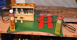 1935 Marx Tin Litho Roadside Service station  also known as the Laurel and Hardy station