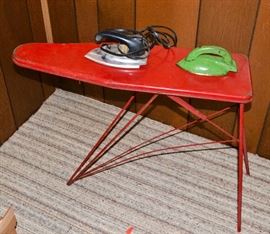 Antique ironing board and irons