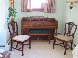 Antique Gulbransen Piano and two Duncan Phyfe Hepplewhite, Shield back chairs