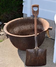 Cast Iron Cauldron, and a D handle RR shovel