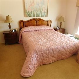 Bassett queen bedroom set and includes bed with headboard and two night stands, mirrored dresser and matching armoire