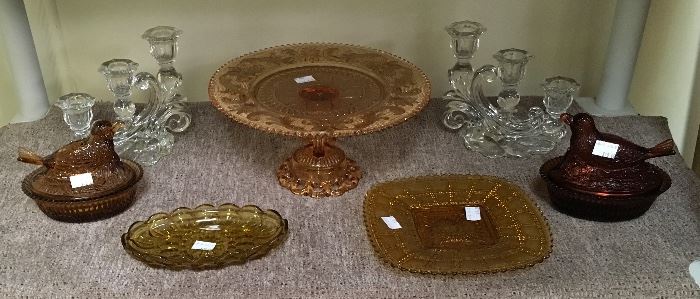 SANDWICH GLASS CAKE PEDESTAL, HENS ON NEST, AND GLASS CANDLE HOLDERS