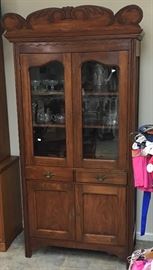 VERY NICE PRIMITIVE WOOD KITCHEN CABINET WITH ORIGINAL ANTIQUE WAVY GLASS.