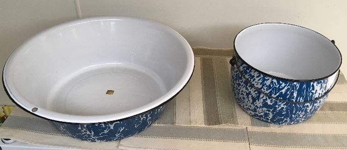 HUGE BLUE ORIGINAL ANTIQUE ENAMELWARE/GRANITEWARE . IF CONDITION IS IMPORTANT, THESE ARE A MUST SEE. ONE ON LEFT HAS ORIGINAL STICKER INSIDE.