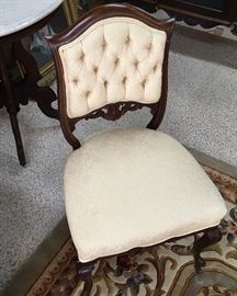 VERY NICE INLAY CURVED WOOD VICTORIAN CHAIR. MATCHES SETTEE WITH DIFFERENT FABRIC DESIGN.
