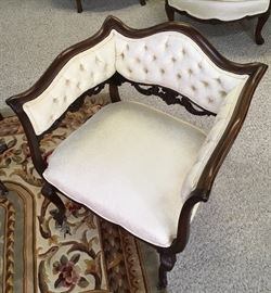 MATCHING INLAY CURVED WOOD VICTORIAN ARM CHAIR.
