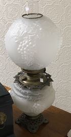 Electrified very fine  large grape motif satin glass oil lamp