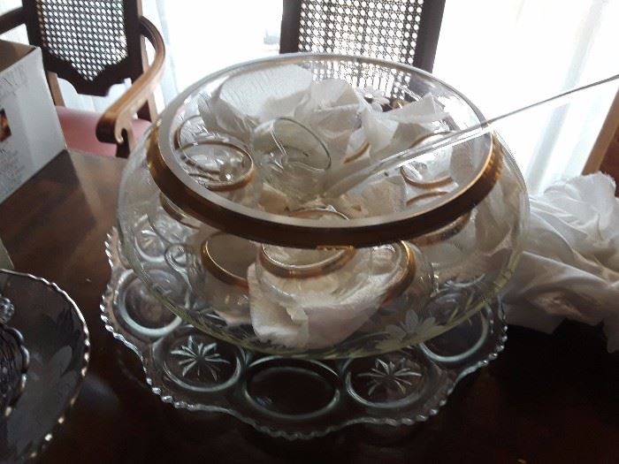 Crystal and 14kt gold punch bowl and 12 cups