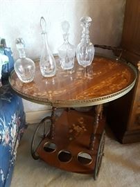 Italian inlaid beverage cart and crystal liquor decanters
