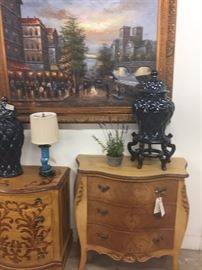 Hand painted furniture, lamps, urns, artwork