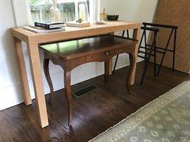 A modern Parsons table and a French cabriole leg side table from the late 1800s