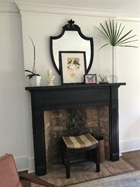 George III stool, covered in an Italian wool, from the late 1700s. A whimsical Clark Walker 'Harlequin' painting. Rare Staffordshire from the late 1800s, perhaps of Scottish origin.