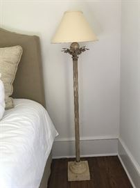 Greek-inspired column lamp with hand gilding detail. Note the beautiful acanthus leaves and brass detailing. Purchased at Scott's in Atlanta, originally from a Palm Beach estate.