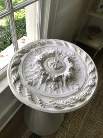Artisanal carved plasterwork from France. Intended for use as a ceiling medallion, but can be used as a decorative accent.