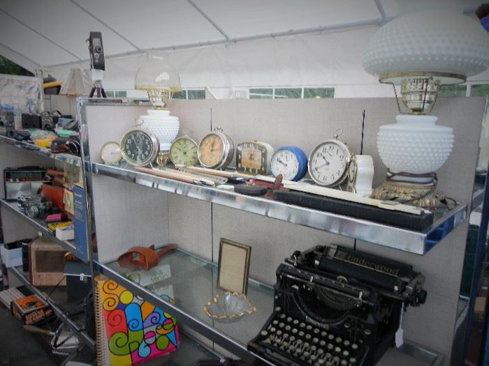 Fenton Glass Hobnail Hurricane Lamp, Gilbert Desk Clock, Early Bird Clock, Big Ben Alarm Clock, Spasmodic Alarm Clock, Underworld Typewriter.