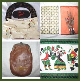 Vintage Beaded Collar, Vintage Italian Glasses Case with Lobster Decoration, First National Bank Leather Cigarette Case, Decorative Hankie Holders and Vintage Table Cloth 