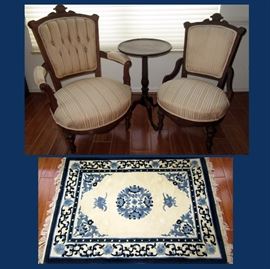 Antique Chairs, Small Antique Candle Stand Table and Very Attractive Rug . According to Family Records and Receipts ONLY, the Candle Stand is an 18th Century Rhode Island Mahogany Candle Stand 