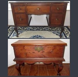 Antique Desk and Antique Small Chest with Lift Top. According to Family Records and Receipts the Chest is a Very Rare Small Bermudian Chest on Frame made in the middle of the 18th century, made entirely of Cedar Wood with some old restoration 