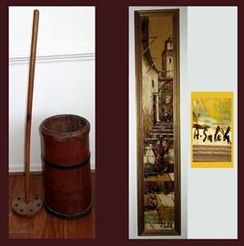 Antique Wooden Butter Churn and Signed Oil Painting of Steps in a Narrow Alley 