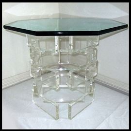 Beautiful Mid Century Modern Lucite Brick Base Glass Top Table 
