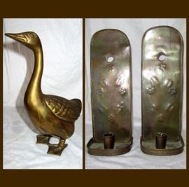 Brass Duck and Antique Copper Candle Holders 