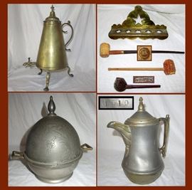 Brass Pot with Spigot, Real Corn Cob Pipe, Missouri Meerschaum Pipe, Hand Made in Ecuador Pipe and Pipe Rack and Old Pewter Items 