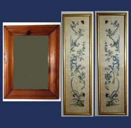 Antique Wooden Mirror and Pair of Oriental Silk Paintings  