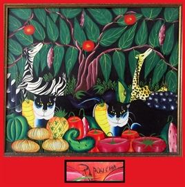 Vibrant and Very Colorful Signed Oil Painting with Zebra, Giraffe, Cats, and Fruits and Vegees 