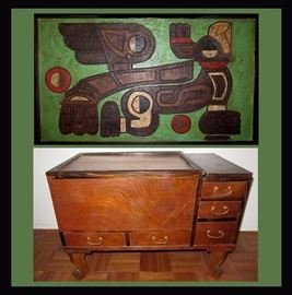 Interesting Carved Wall Hanging and Interesting Small Cellarette with Drawers 