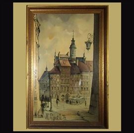 Large Signed Oil Painting City Scene 