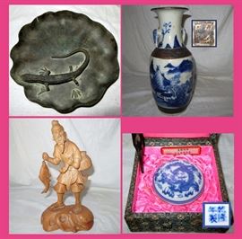 Metal Shallow Bowl with Lizard, Vintage Chinese Vase, Carved Wooden Asian Fisherman with Fish and Stamp Set 