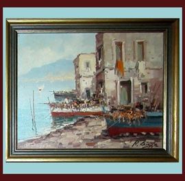 Nice Small Dockside Signed Oil Painting  
