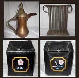 Old Copper Pot, Metal Candle Maker and 2 Painted Metal Bins 