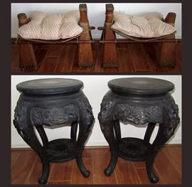 Pair of Camel Stools and Carved Asian Inspired Taborets 