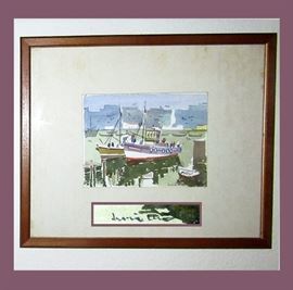 Signed Watercolor of Fishing Boats 