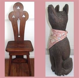 Small Antique 4 Leaf Clover Chair and Howling Dog Statue 