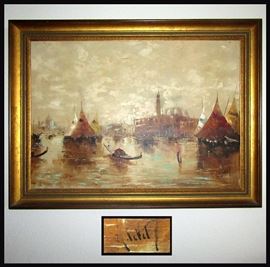 Signed Oil Painting Harbor Scene 