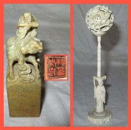 Small Soapstone Stamp with Pan on a Cow and Tiny Puzzle Ball on Stand 