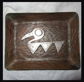 Small Mid Century Modern Copper Dish with Silver Bird by Graziella Laffi (Peruvian) 