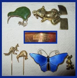 Sterling & Enamel Kiwi Pin and David Andersen Norway Sterling & Guilloche Butterfly Brooch, Miniature Kangaroo and Kiwi Stick Pins and Miniature Frog Charm 