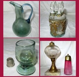 Very Old Blown Glass Mini Pitcher and Stemmed Cup, Glass and Metal Set of 4 Perfume Bottles and Old Lamp and Cranberry Glass Shaker 