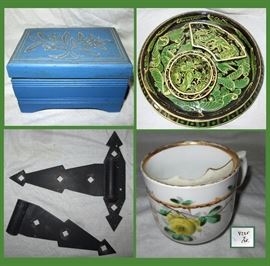 Small Painted Wooden Music Box, Lazy Susan, Old Hardware and Mustache Cup   