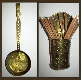 Antique Brass Skimmer and Antique Brass Match Holder. According to Family Records and Receipts the Brass Skimmer is 18th Century 