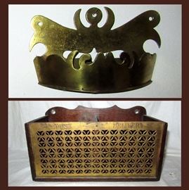 Antique Brass Wall Pocket, most likely English mid to late 1800s and Brass and Wood Post and Delivery Box  