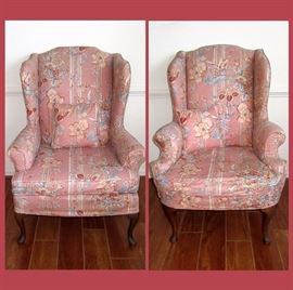 2 Old Wing Back Chairs, Each Slip Covered and Slightly Different  
