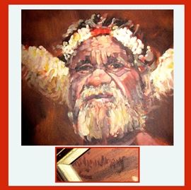 Close up of the Great Chief Oil Painting and Signature of Carl Van Nieuwmans. We found a brochure that states: after a Qantas sponsored exhibition to Europe in 1968 many European, particularly Dutch Art Critics, dubbed him "The Rembrandt from Alice Springs", highly commending him for great humanity shown in his works and his striking versatility. 
