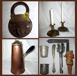 Chinese Lock, Antique Candle Holders, Copper Pot, Sterling and Plated Jiggers, Sterling Butter Knife, Seigfried Hunting and Fishing Knife and Carved Wooden Bottle Stopper with Lever for Opening and Closing it's mouth 