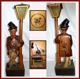 Hobo Leaning on Lamp Post Music Box Automaton with Key Marked KG for Karl Griesbaum 