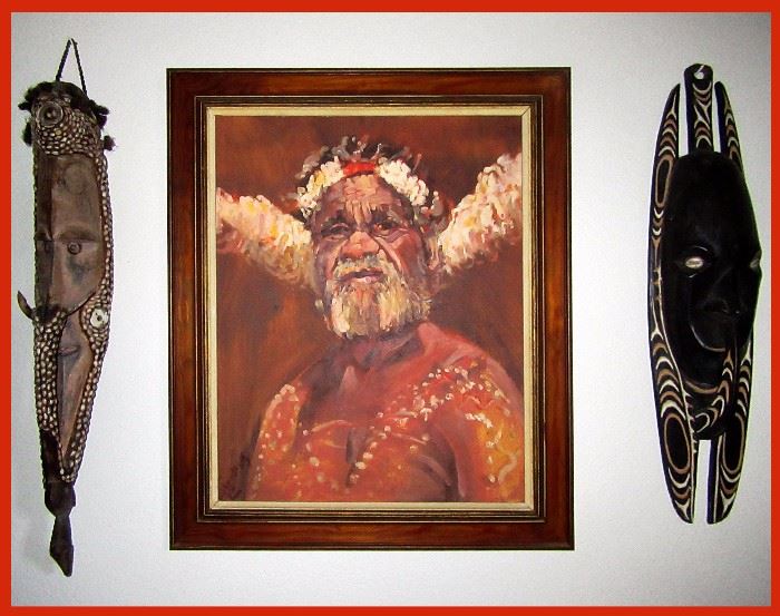 Fabulous Signed Oil Painting of a Great Chief and 2 Very Decorative African Masks. This Fabulous Painting was done by famous Australian (Dutch Born) Artist Carl Van Nieuwmans, born 1931. More info on the close up photo towards the end of the photos. This Beautiful Painting is flanked by 2 Gable Masks, possibly from the Sepik River Region in New Guinea 