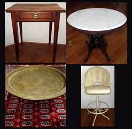 Small Antique Side Table with One Drawer, Large Brass Tray Top Table, Antique Marble Top Table and One of a Set of 3 Matching Bar Stools 